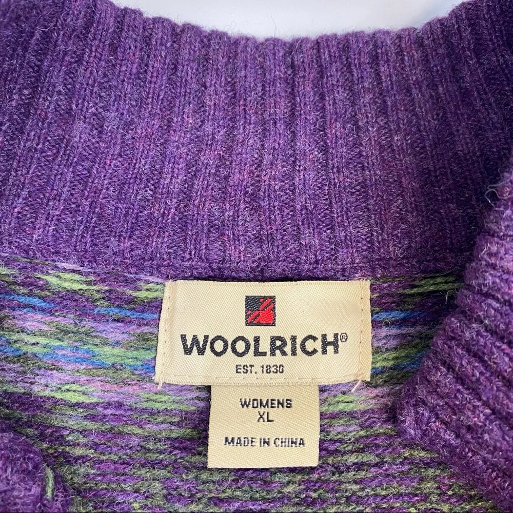 Woolrich Wool Zip Up Sweater Cardigan Womens XL Nordic Fair Isle Green Purple - Picture 2 of 9